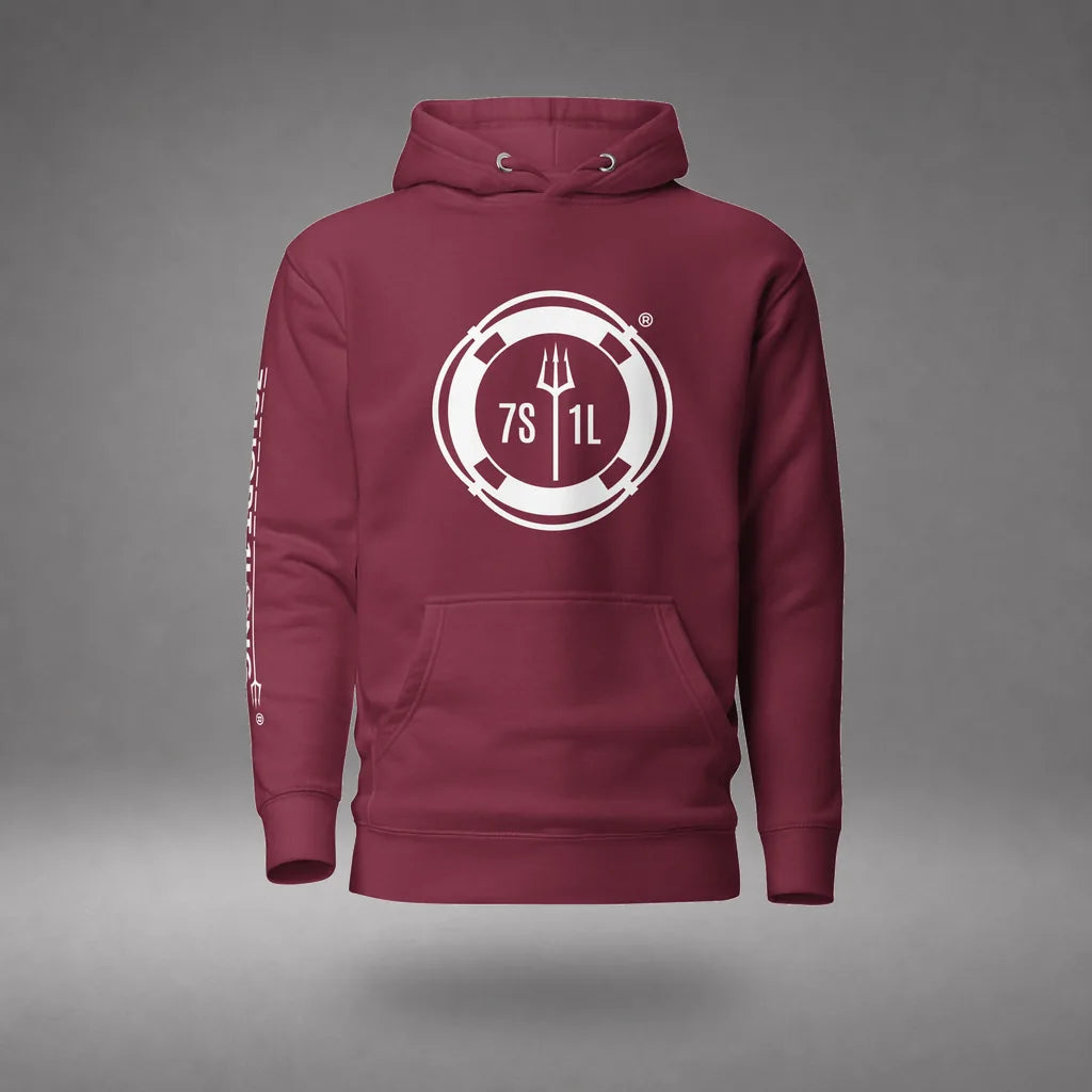 Sign On Sign Off Crew Hoodie in Maroon, featured product view, floating over a gray studio floor.