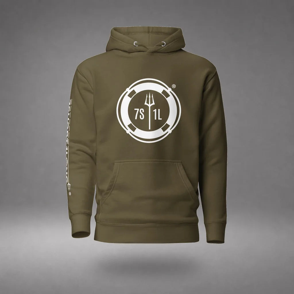Sign On Sign Off Crew Hoodie in Military Green, front view, floating over a gray studio floor.