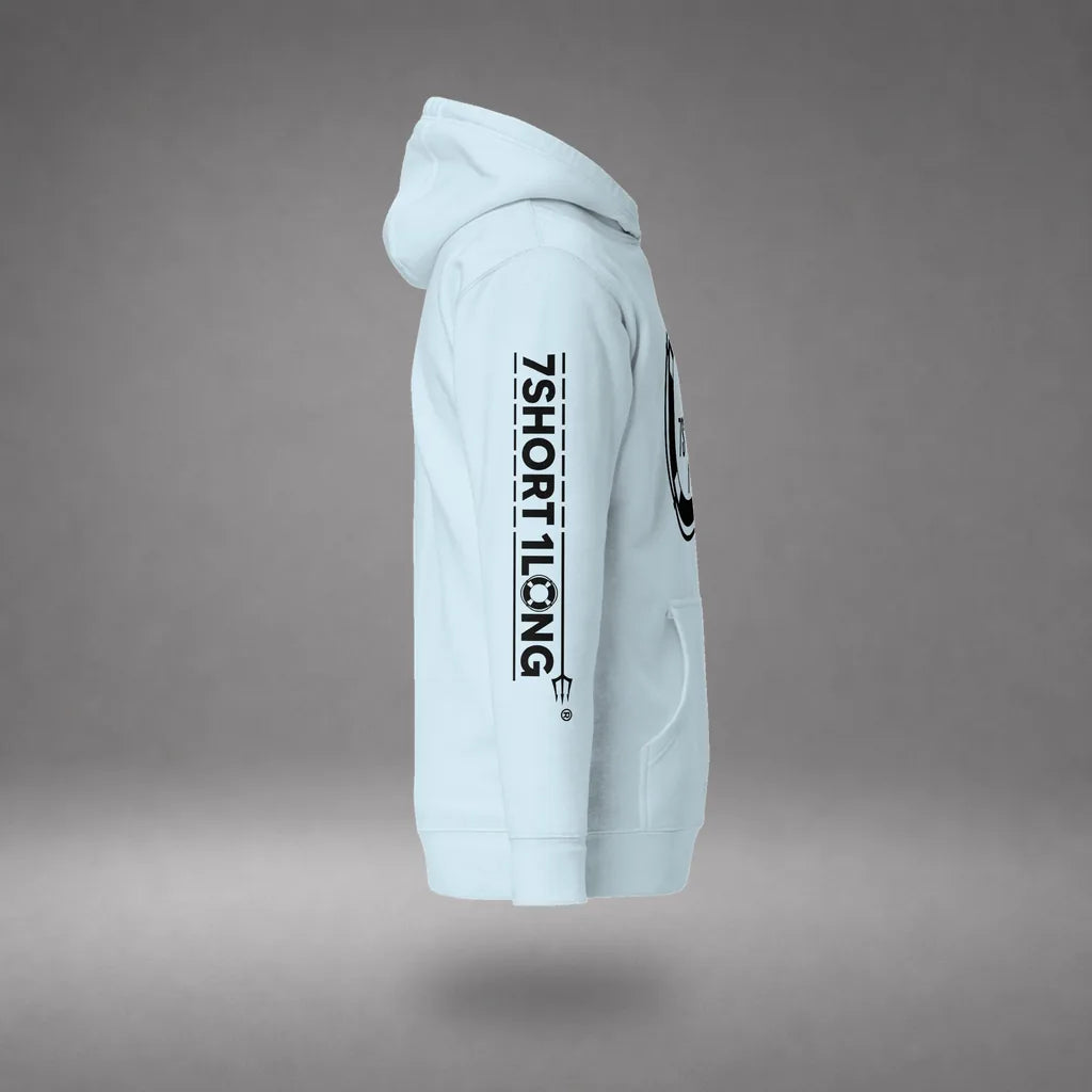Sign On Sign Off Crew Hoodie in Sky Blue, front view, floating over a gray studio floor.