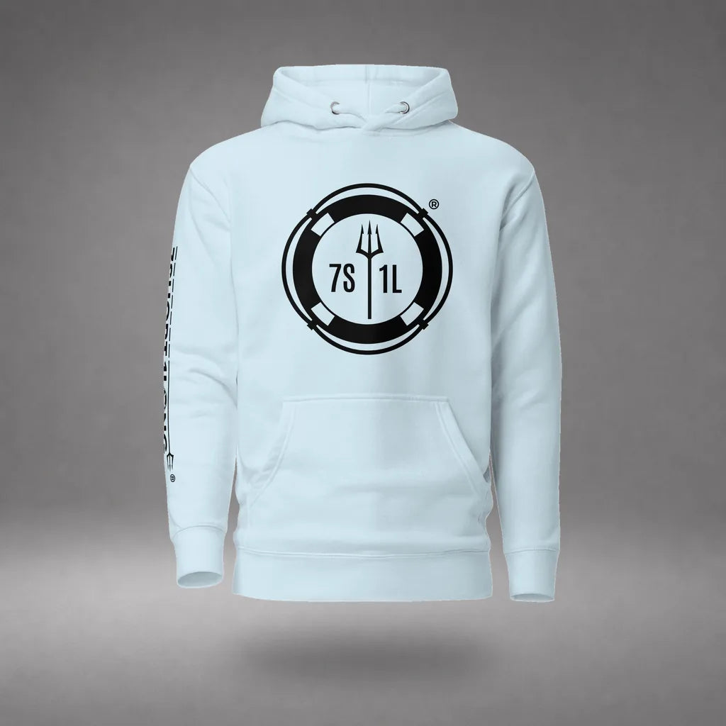 Sign On Sign Off Crew Hoodie in Sky Blue, featured product view, floating over a gray studio floor.