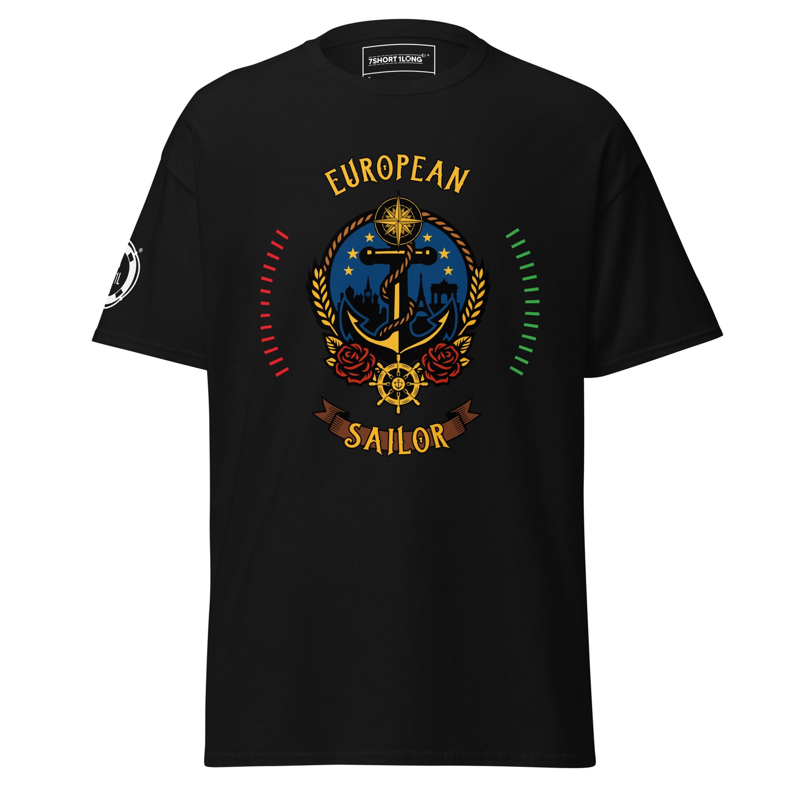 Unisex black European Sailor T-Shirt by 7SHORT1LONG® with sailor-inspired design on the front.