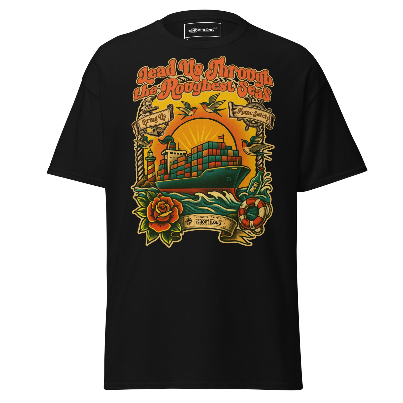 Unisex black T-shirt featuring a container ship seafarer tattoo design by 7SHORT1LONG® on the front.