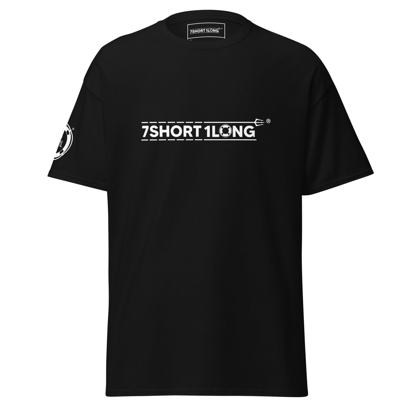 Black Seafarer Emergency Signal T-Shirt by 7SHORT1LONG®, unisex classic fit, front view showing emergency signal design.
