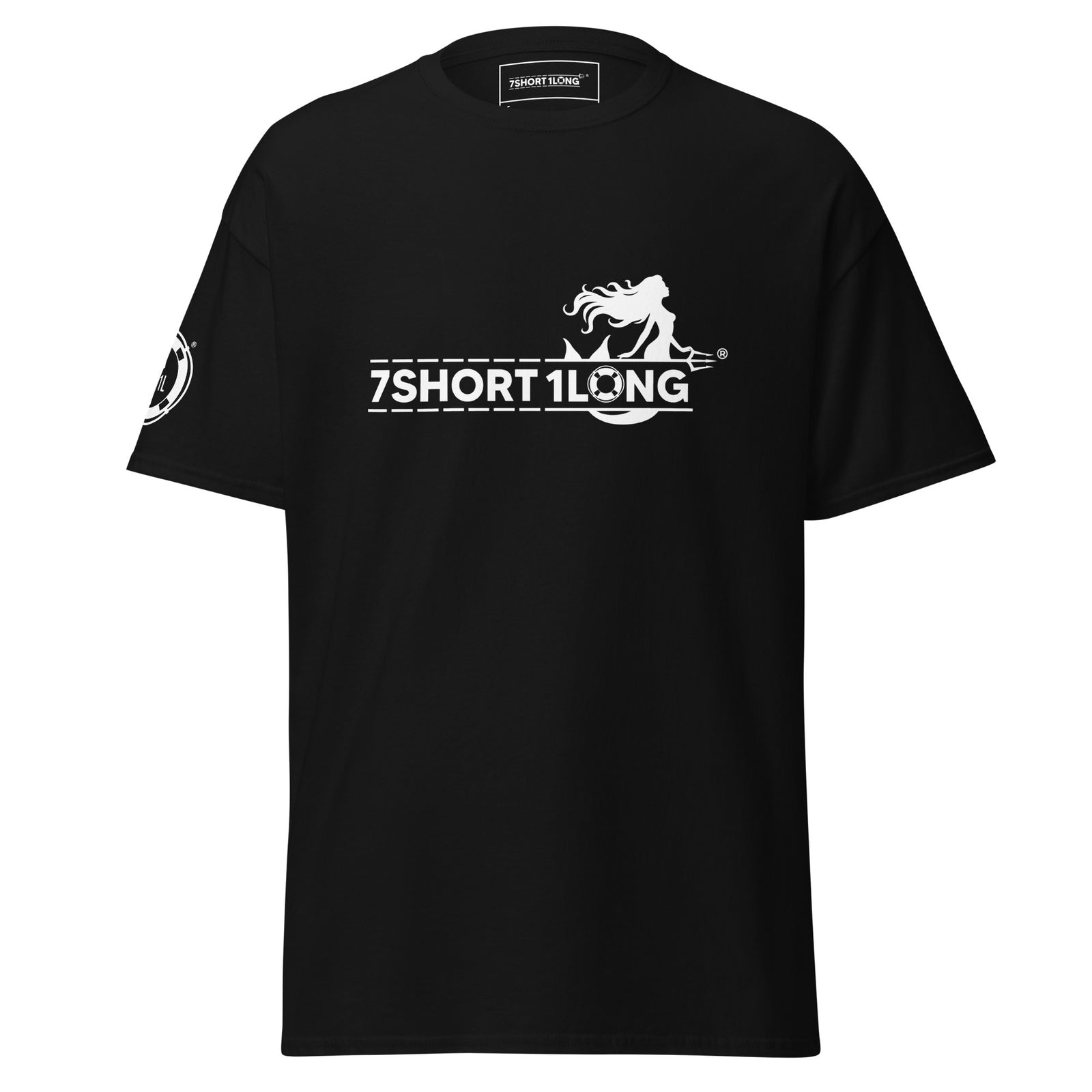 Black unisex Mermaid Club Nautical T-Shirt by 7SHORT1LONG® featuring a classic fit and nautical-themed design on the front.