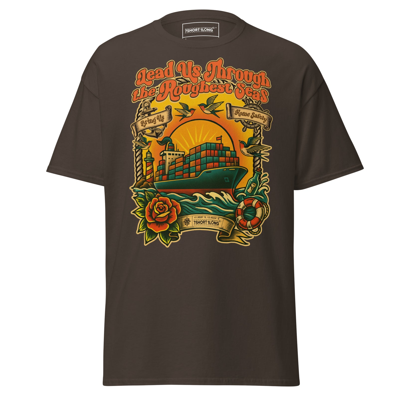 Unisex dark chocolate T-shirt featuring a container ship seafarer tattoo design on the front, by 7SHORT1LONG®.