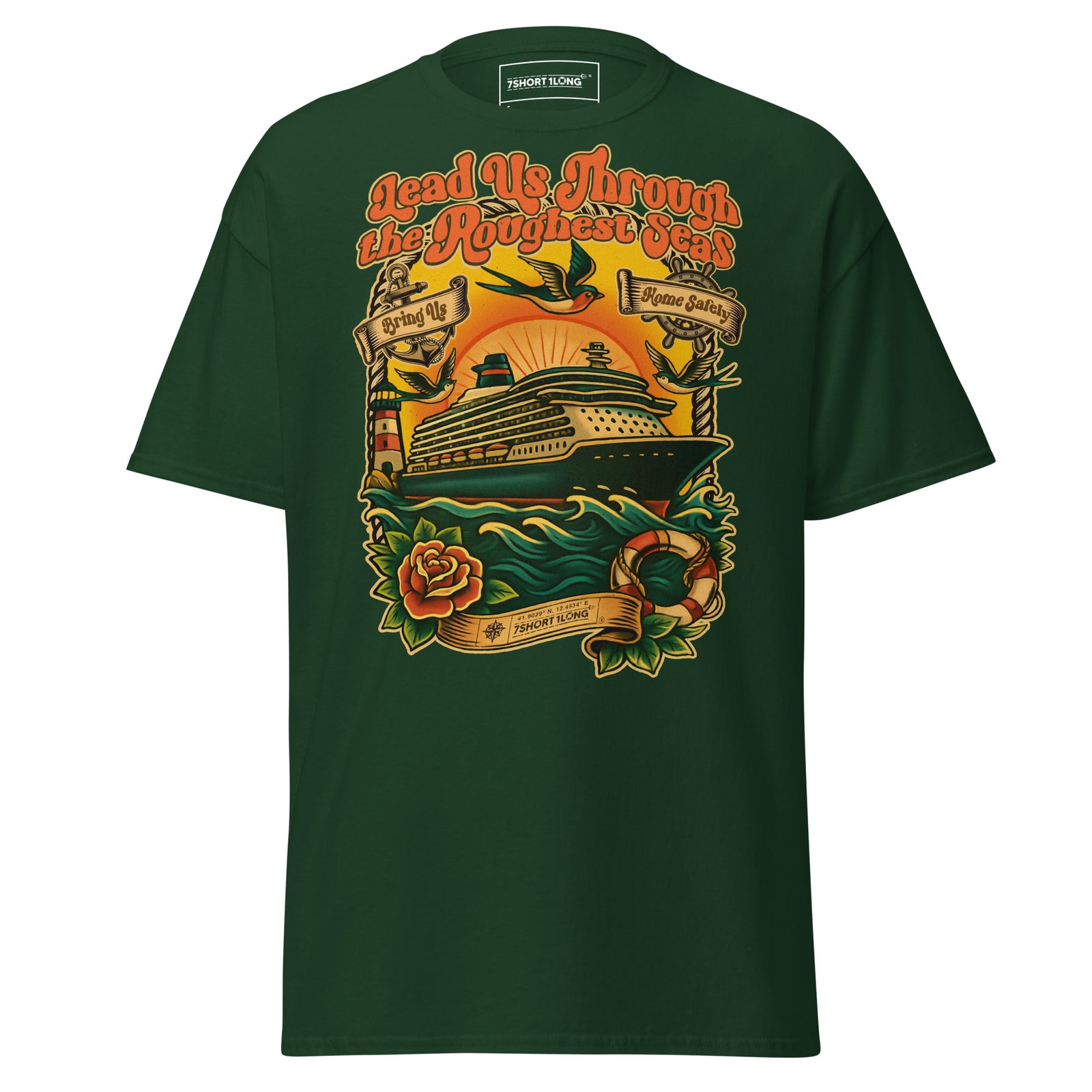Unisex forest green Cruise Ship Seafarer Tattoo T-Shirt by 7SHORT1LONG® featuring nautical-themed tattoo designs on the front.
