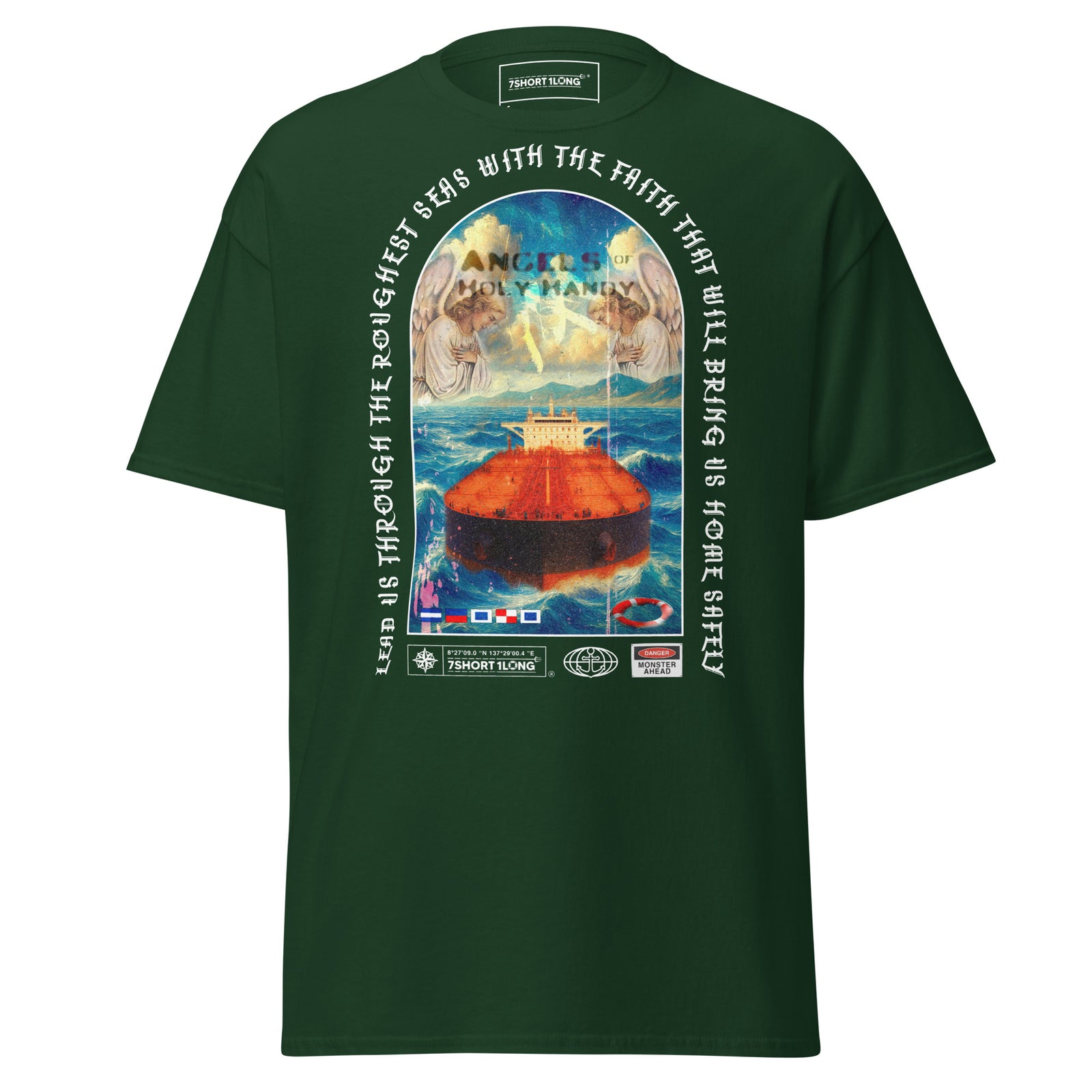 Forest green unisex Christian Angel Protection Tanker T-Shirt by 7SHORT1LONG® featuring a front graphic design.