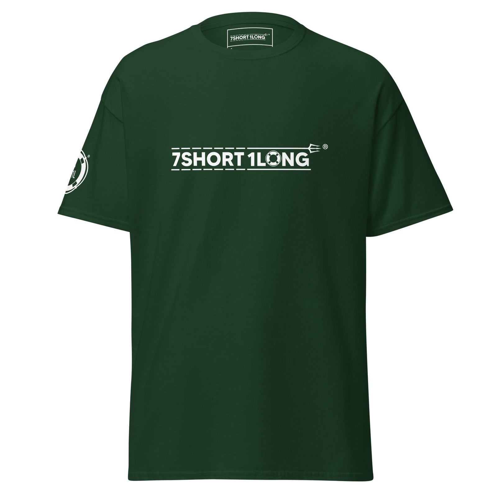 Seafarer Emergency Signal T-Shirt by 7SHORT1LONG® in forest green, unisex classic fit, front view showing the design.