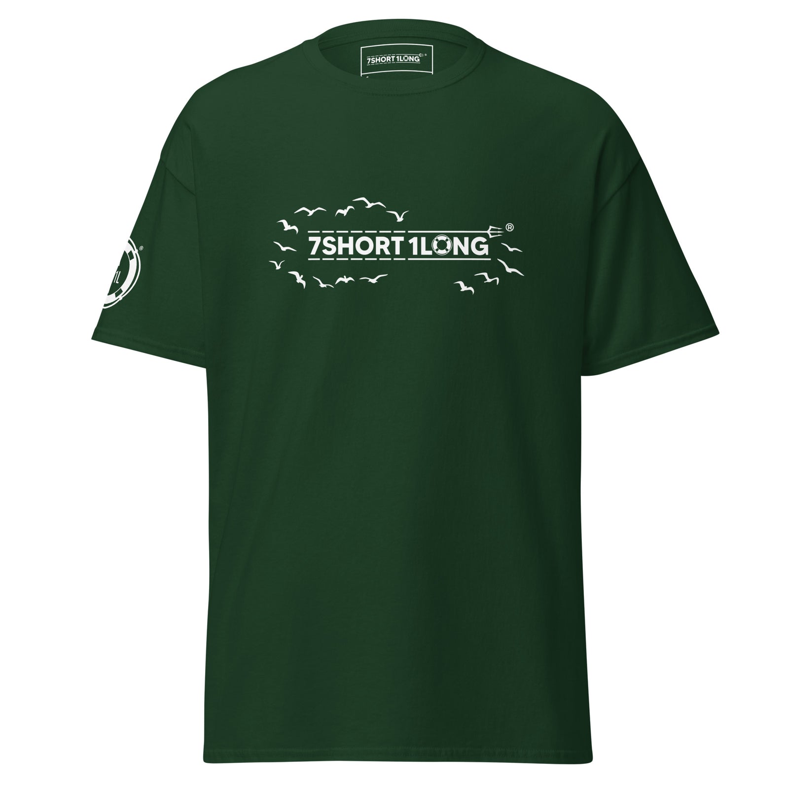 Green Seagull Club Maritime Seafarer T-Shirt with seagull artwork and 7SHORT1LONG branding, marine inspired streetwear