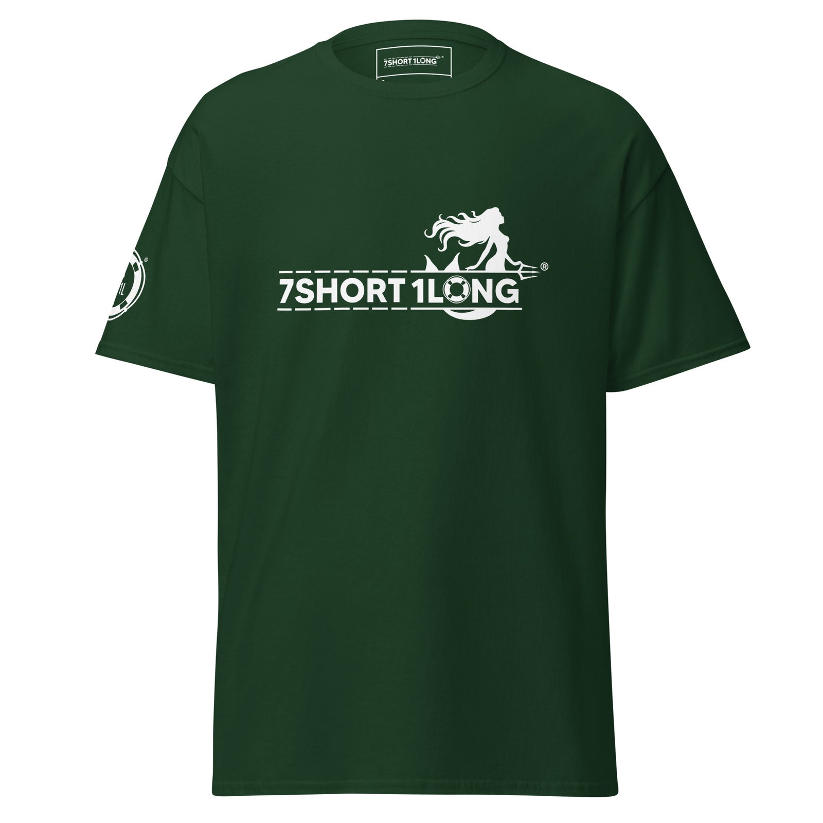 Unisex forest green Nautical T-Shirt by 7SHORT1LONG® with a mermaid club graphic on the front.