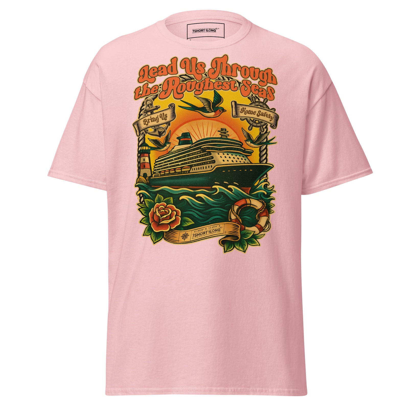 Unisex light pink Cruise Ship Seafarer Tattoo T-Shirt by 7SHORT1LONG®, front view showing nautical tattoo design.