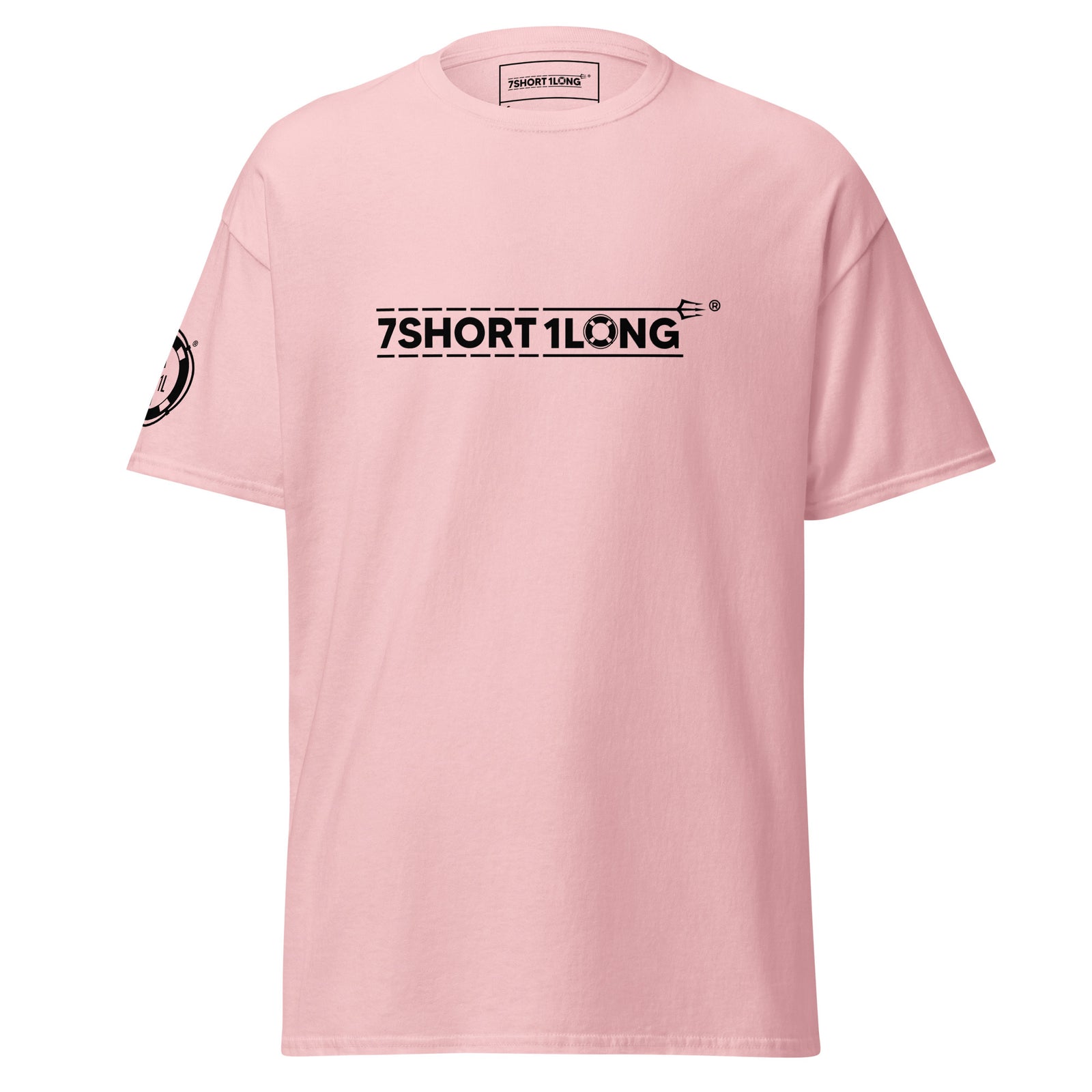 Light pink unisex Seafarer Emergency Signal T-Shirt by 7SHORT1LONG® with front design, classic fit, and comfortable fabric.