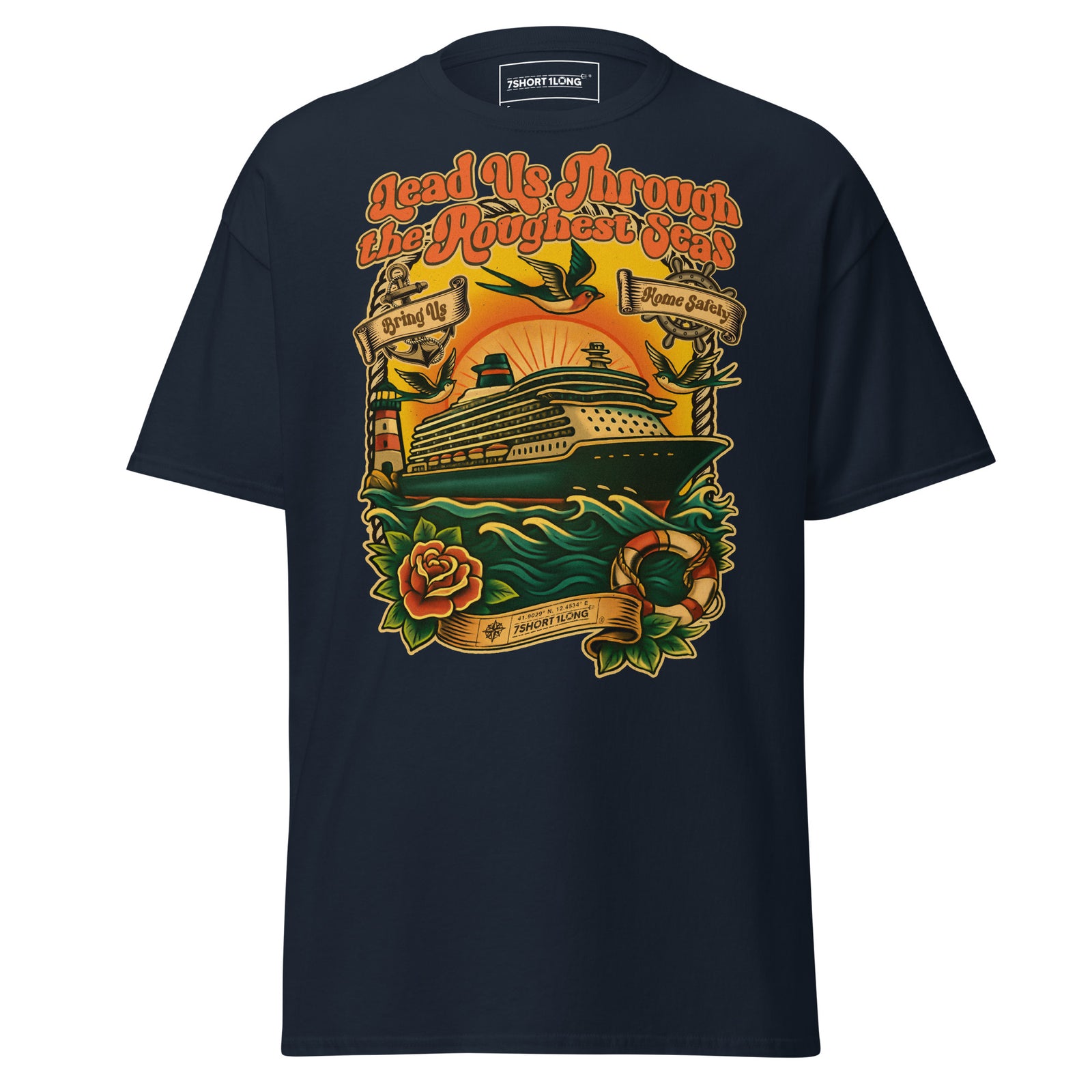 Unisex navy T-shirt featuring a cruise ship and seafarer tattoo design, by 7SHORT1LONG® on the front.