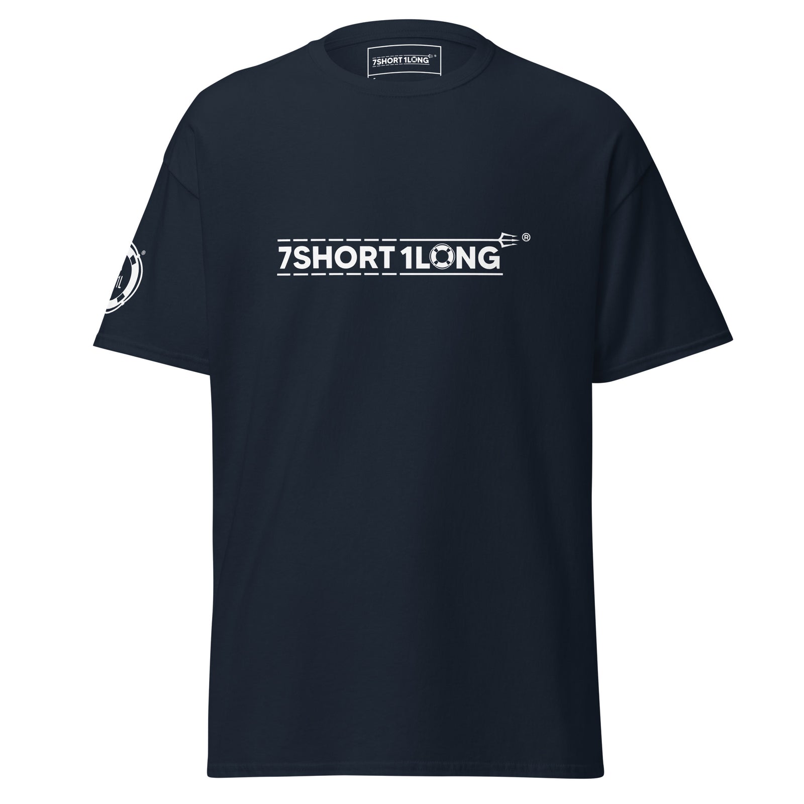 Navy Seafarer Emergency Signal T-Shirt by 7SHORT1LONG®, unisex classic crewneck tee with front graphic design.