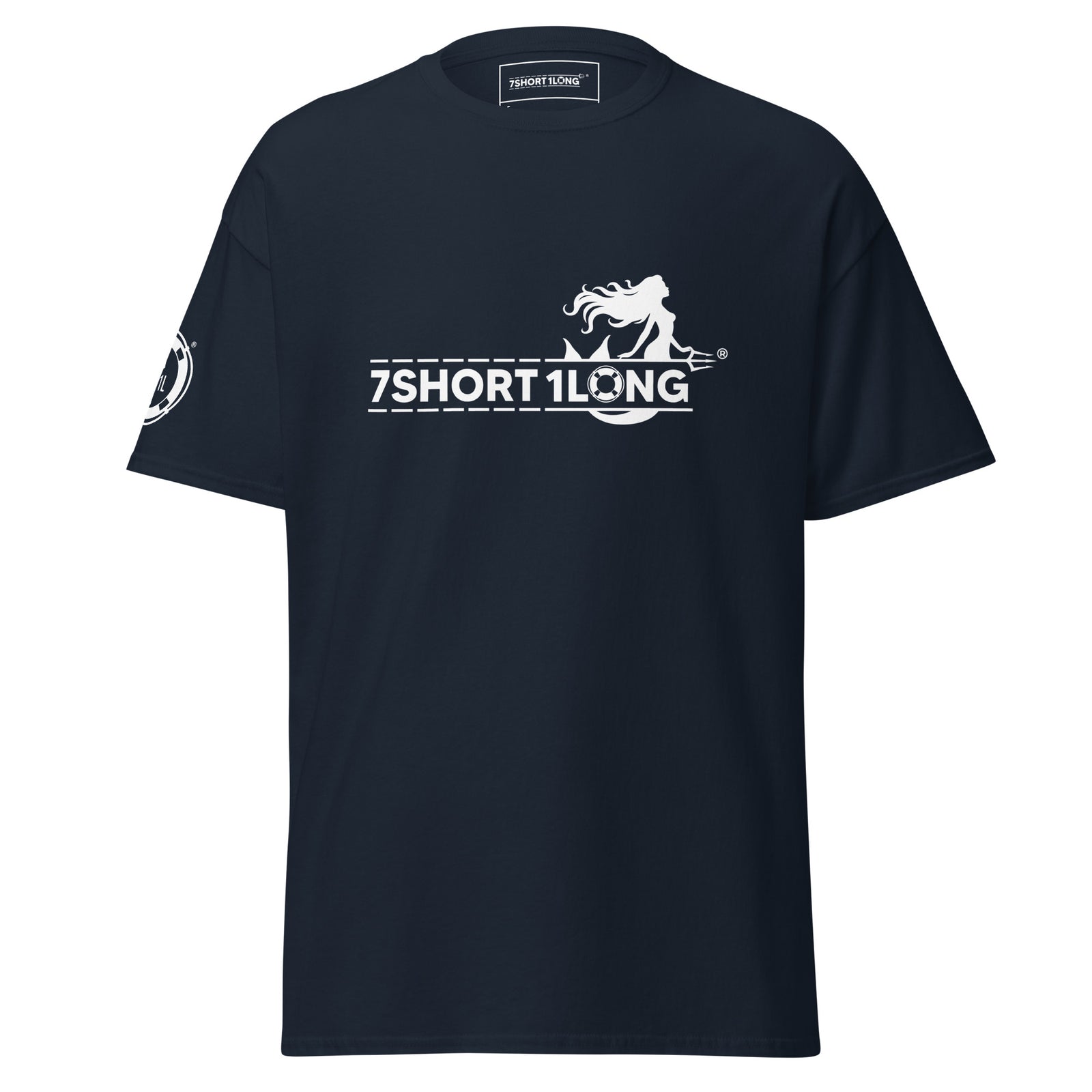 Navy unisex Mermaid Club Nautical T-Shirt by 7SHORT1LONG® with a front design, casual crewneck style.