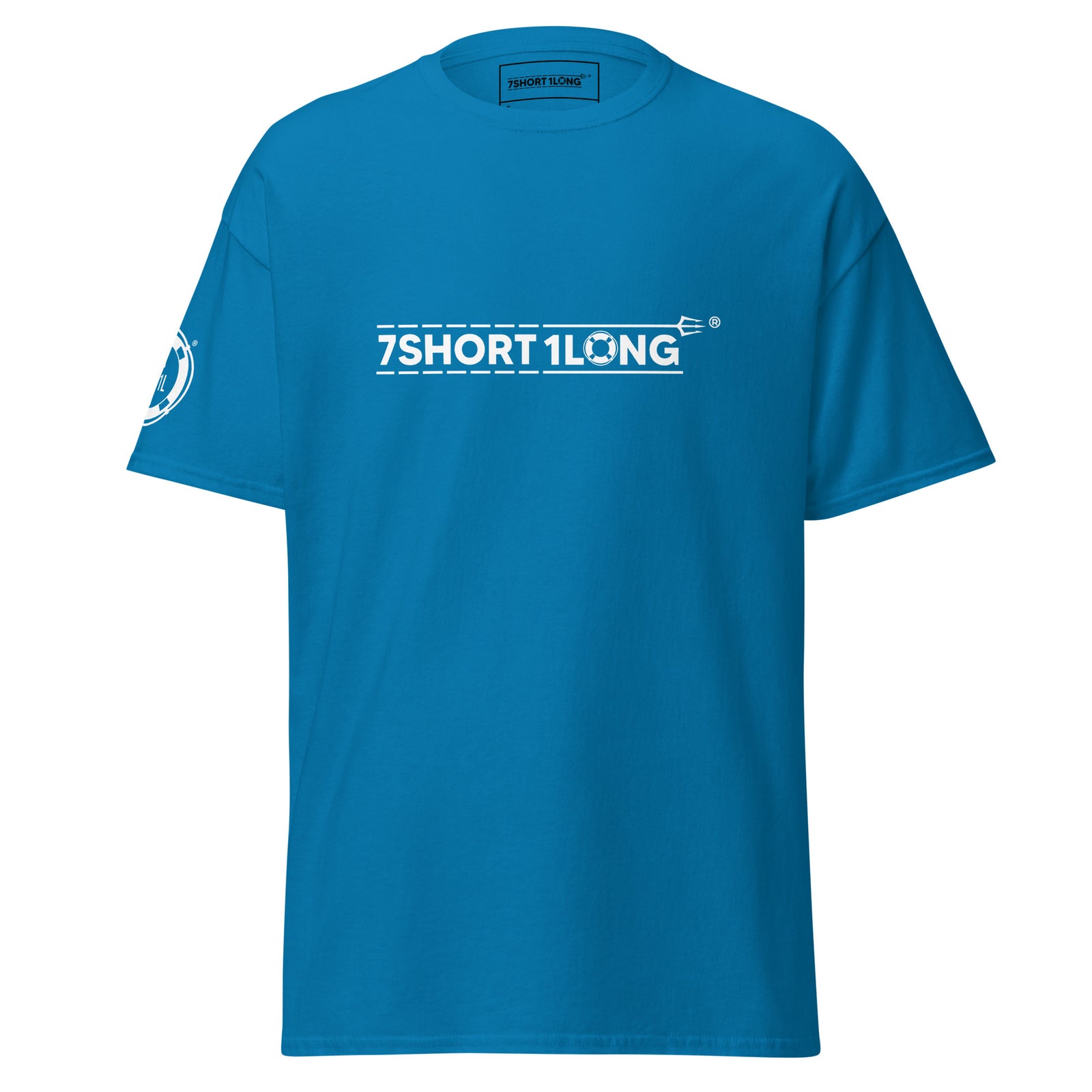 Unisex Seafarer Emergency Signal T-Shirt by 7SHORT1LONG® in sapphire with front graphic design.