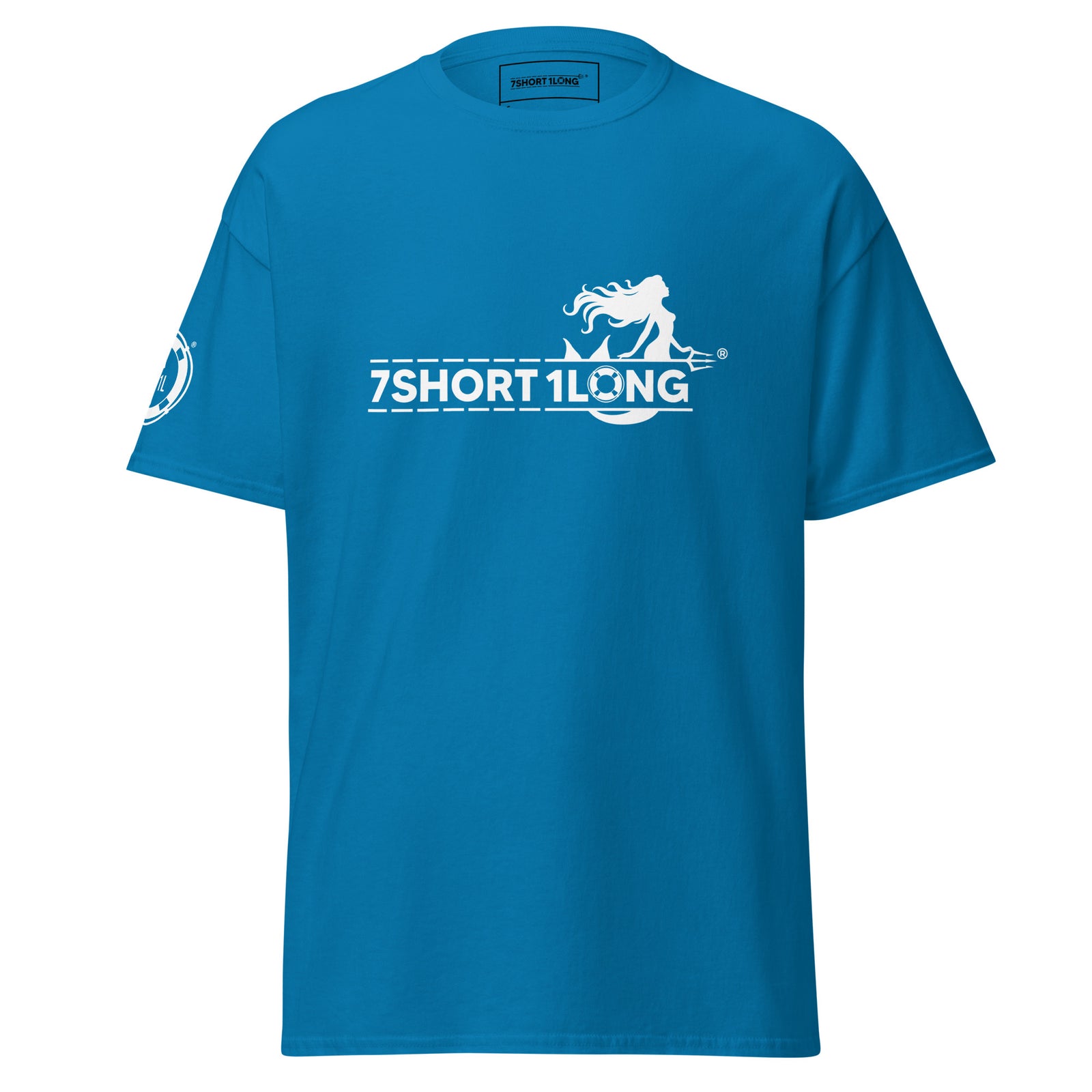 Unisex Mermaid Club Nautical T-Shirt by 7SHORT1LONG® in sapphire, front view showing nautical mermaid design and classic fit.