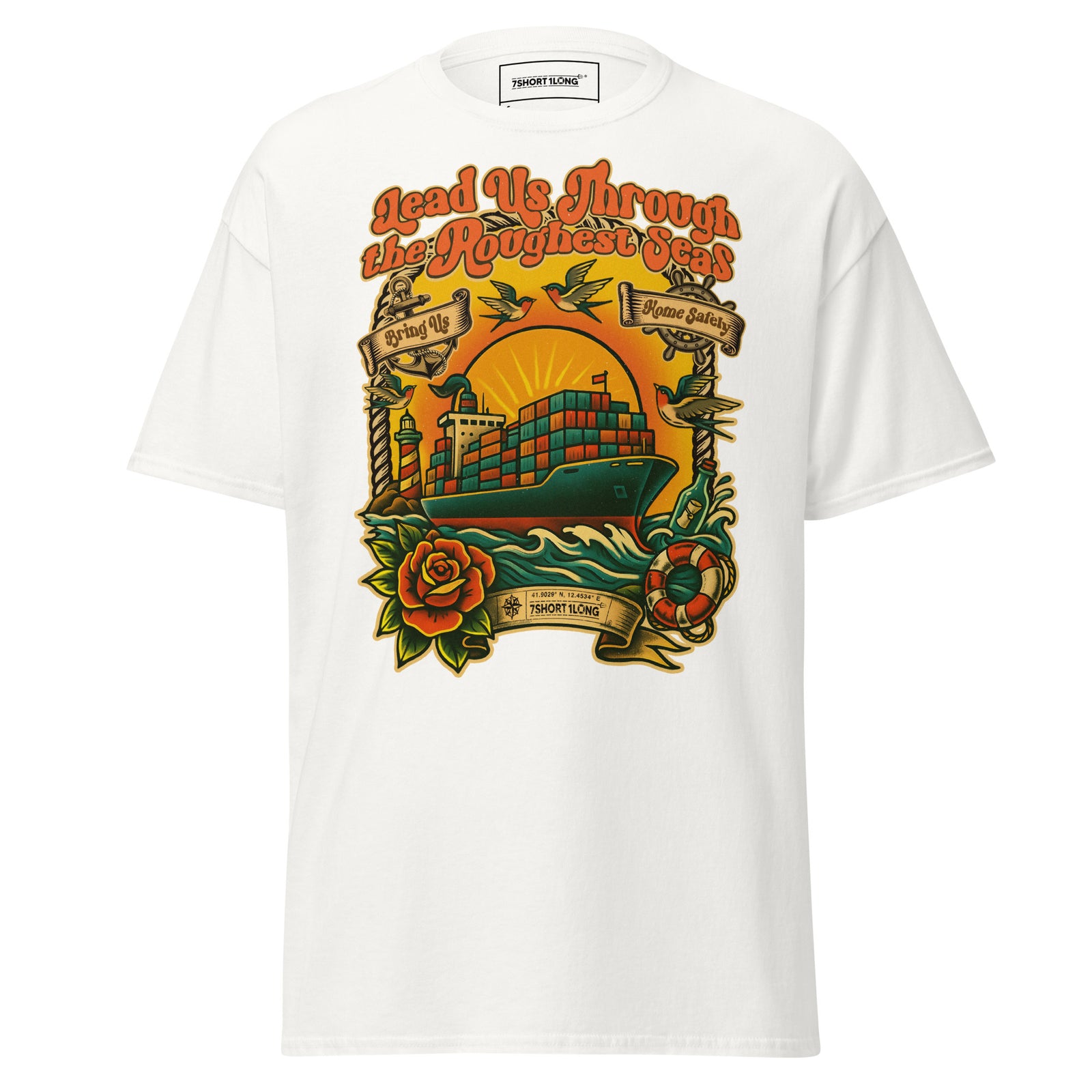Unisex white T-shirt featuring a container ship seafarer tattoo design by 7SHORT1LONG® on the front.