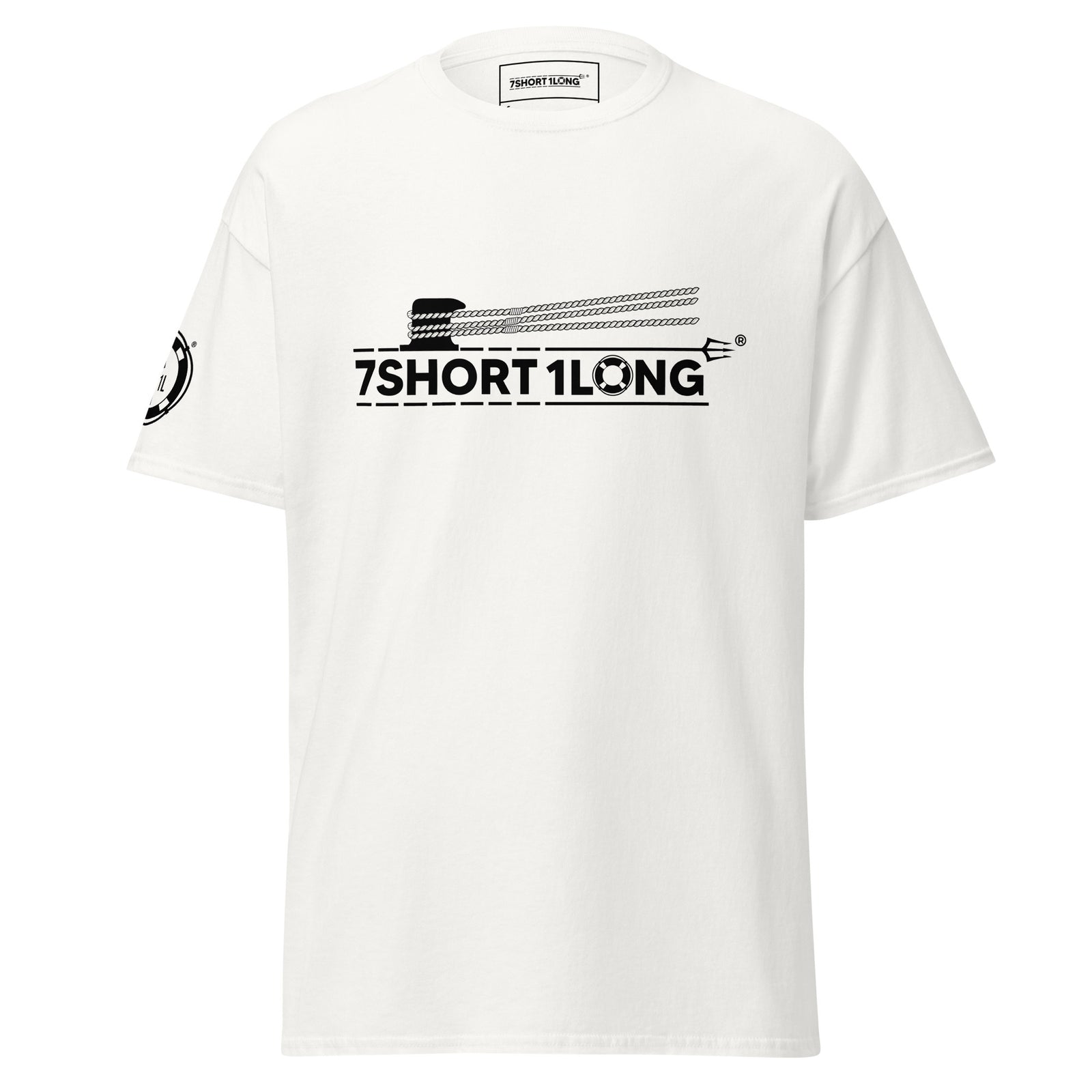 White Deck Hand Seafarer Nautical T-Shirt with 7SHORT1LONG mooring operation graphic, marine crew streetwear front view