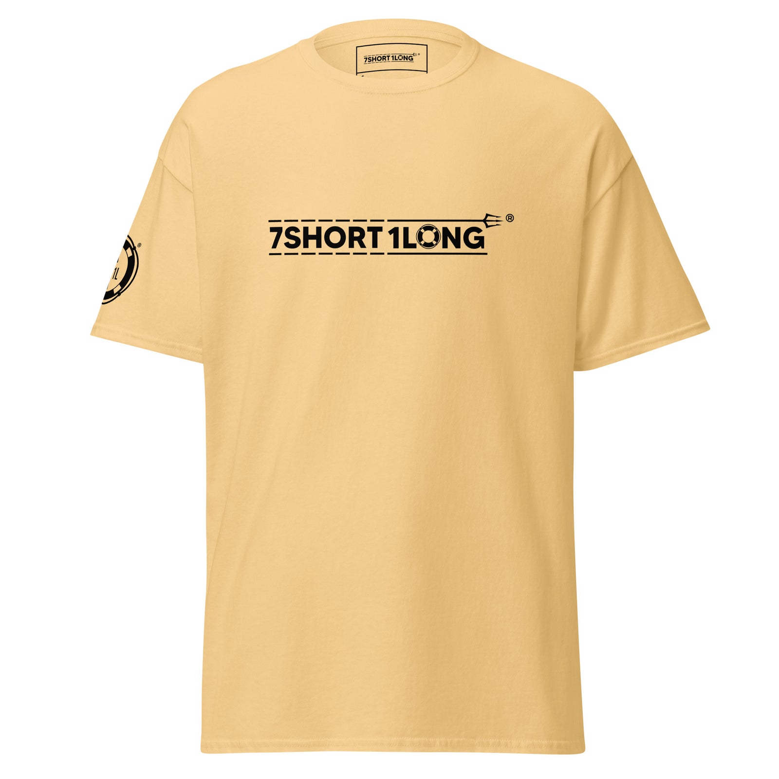 Unisex yellow haze T-shirt featuring Seafarer Emergency Signal design by 7SHORT1LONG®. Classic casual style for everyday wear.