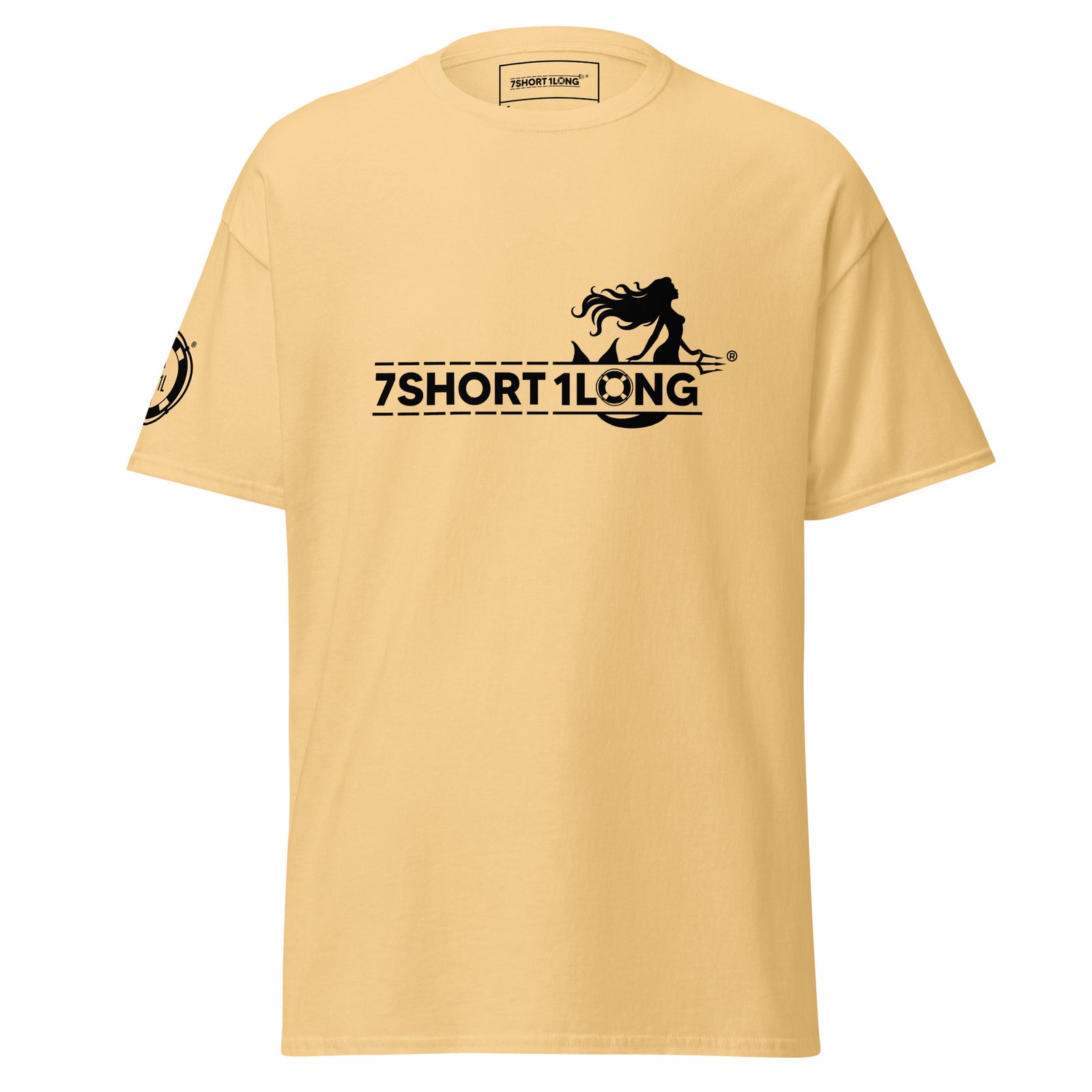Unisex Mermaid Club Nautical T-Shirt in yellow haze with front graphic, casual summer style by 7SHORT1LONG®.
