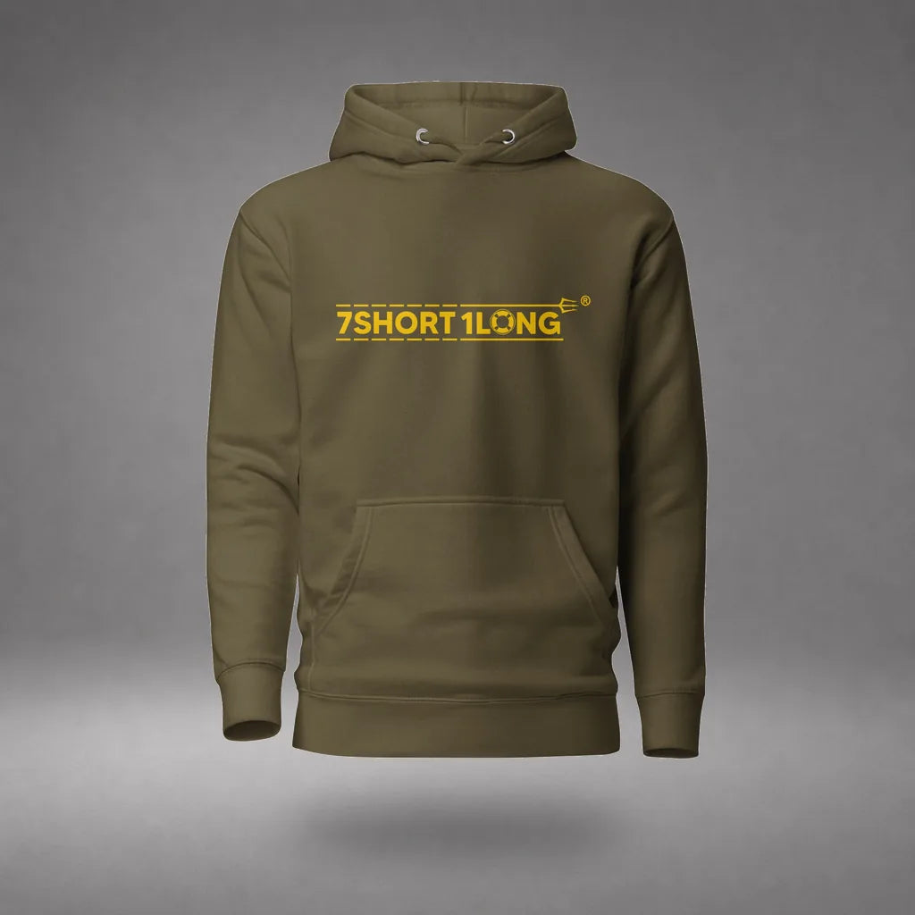 US Sailor Hoodie in Military Green, front view, floating over a gray studio floor.