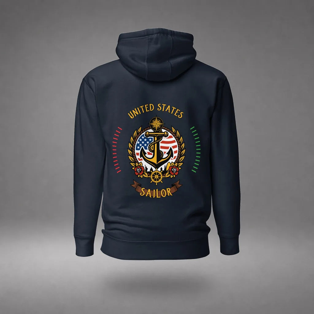 US Sailor Hoodie in Navy Blazer, front view, floating over a gray studio floor.