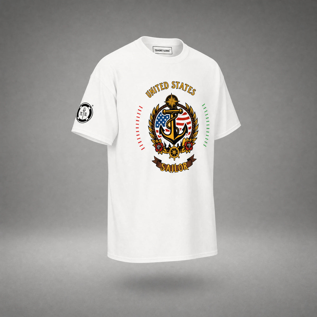 US Sailor T-shirt in white, angled to show the stars and stripes anchor crest, the SAILOR banner and the round sleeve badge.
