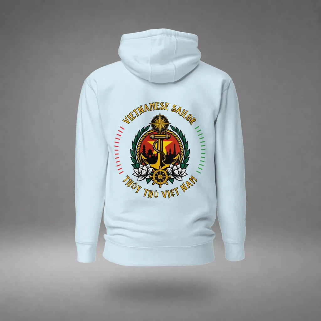 Vietnamese Sailor Hoodie in Sky Blue, front view, floating over a gray studio floor.