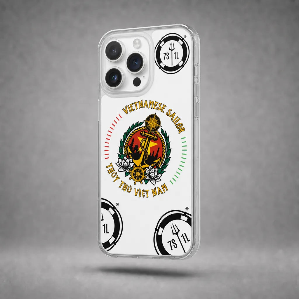 Clear Vietnamese Sailor case for iPhone 14 Pro Max with maritime anchor artwork, floating above a grey studio floor with a soft shadow.