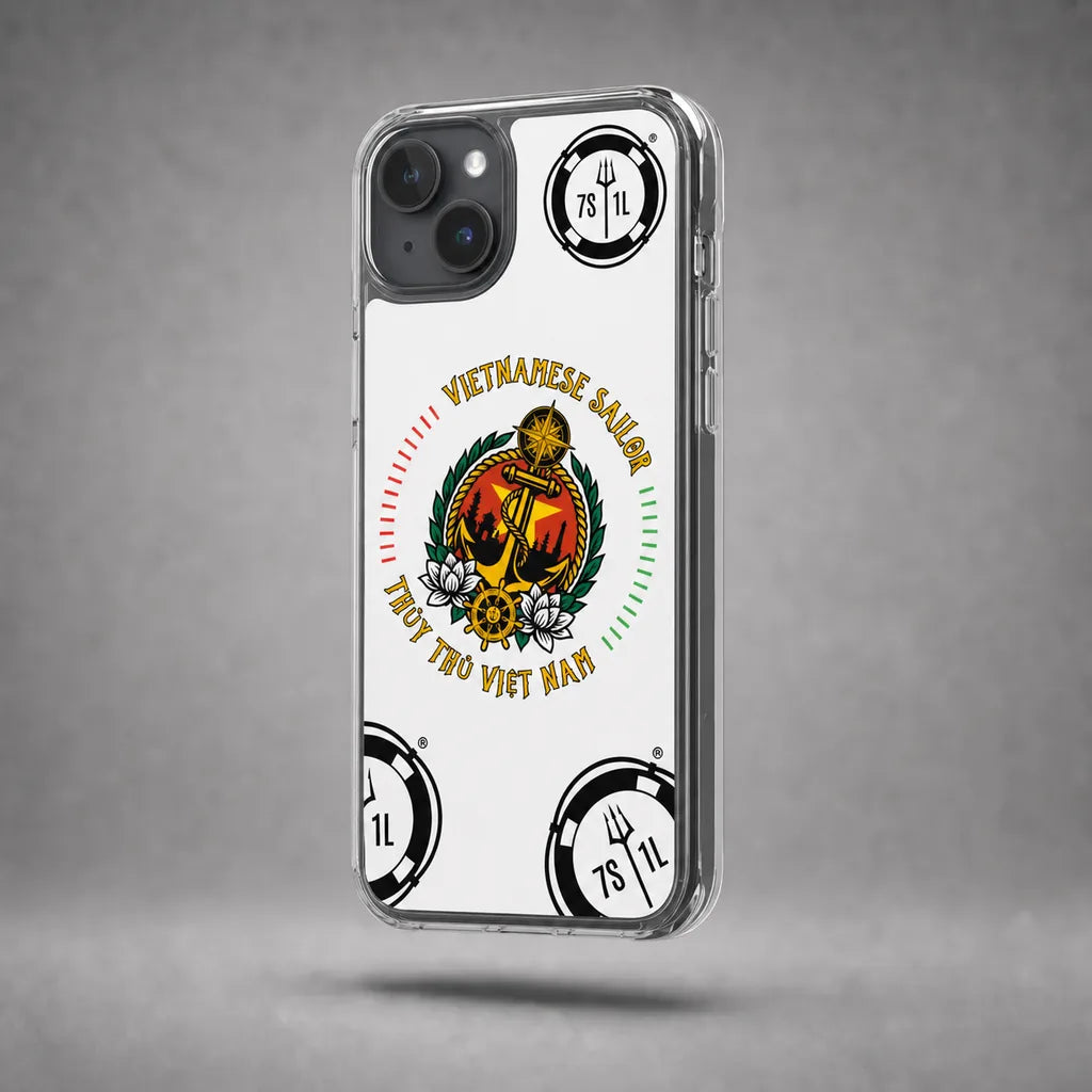 Clear Vietnamese Sailor case for iPhone 15 Plus with maritime anchor artwork, floating above a grey studio floor with a soft shadow.