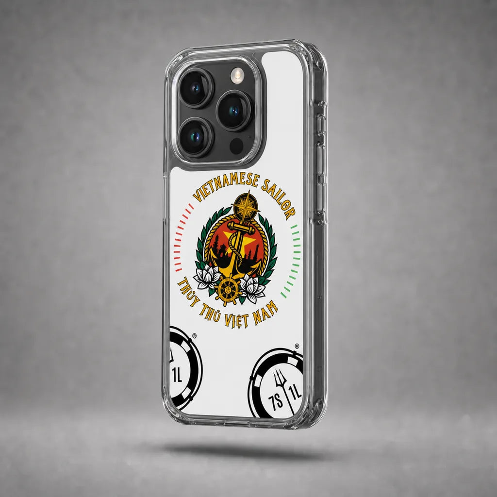 Clear Vietnamese Sailor case for iPhone 15 Pro with maritime anchor artwork, floating above a grey studio floor with a soft shadow.