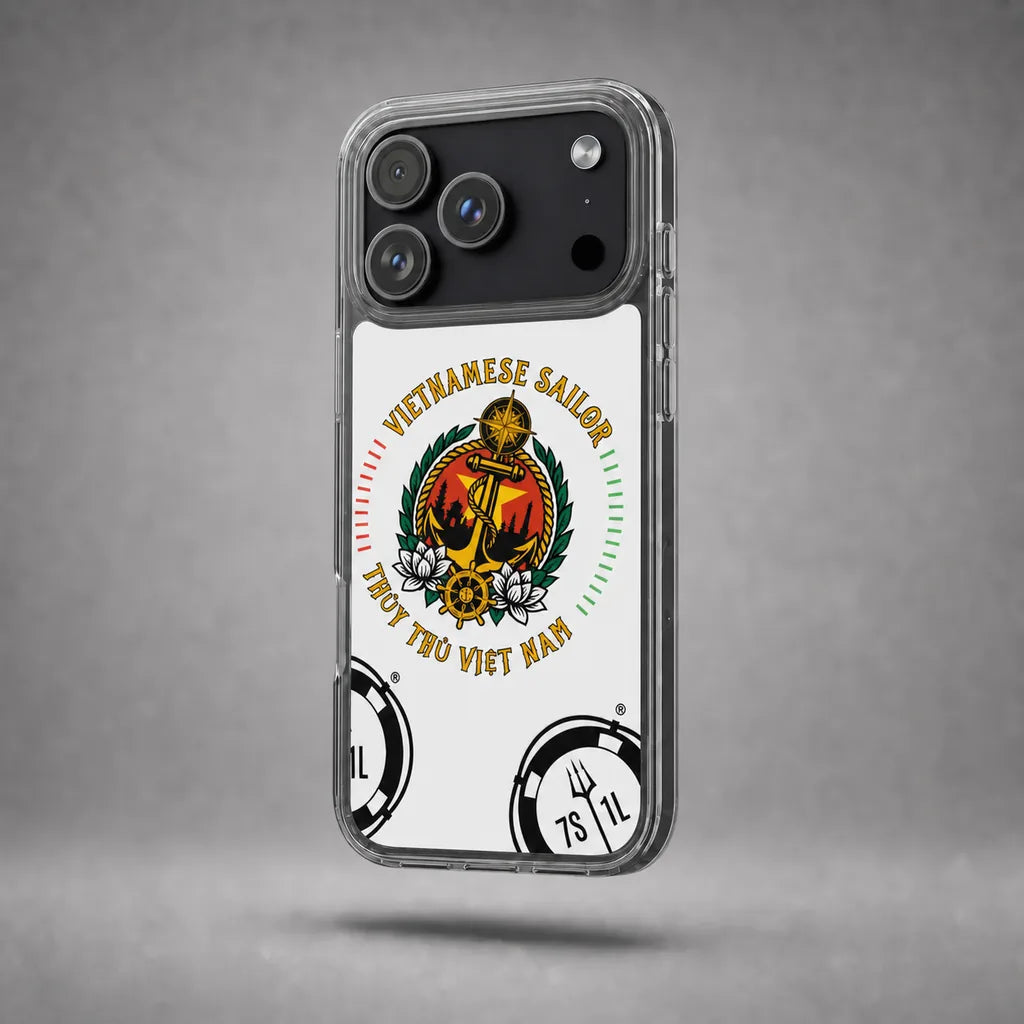 Clear Vietnamese Sailor case for iPhone 17 Pro with maritime anchor artwork, floating above a grey studio floor with a soft shadow.
