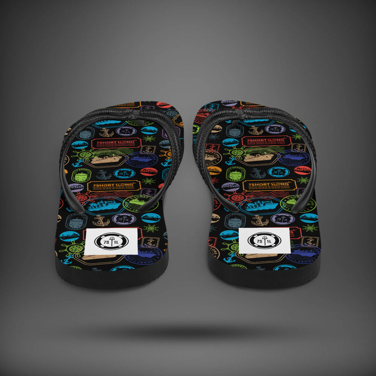 World Cruise flip flops seen from the heel, black soles with a colorful cruise icon print and black straps