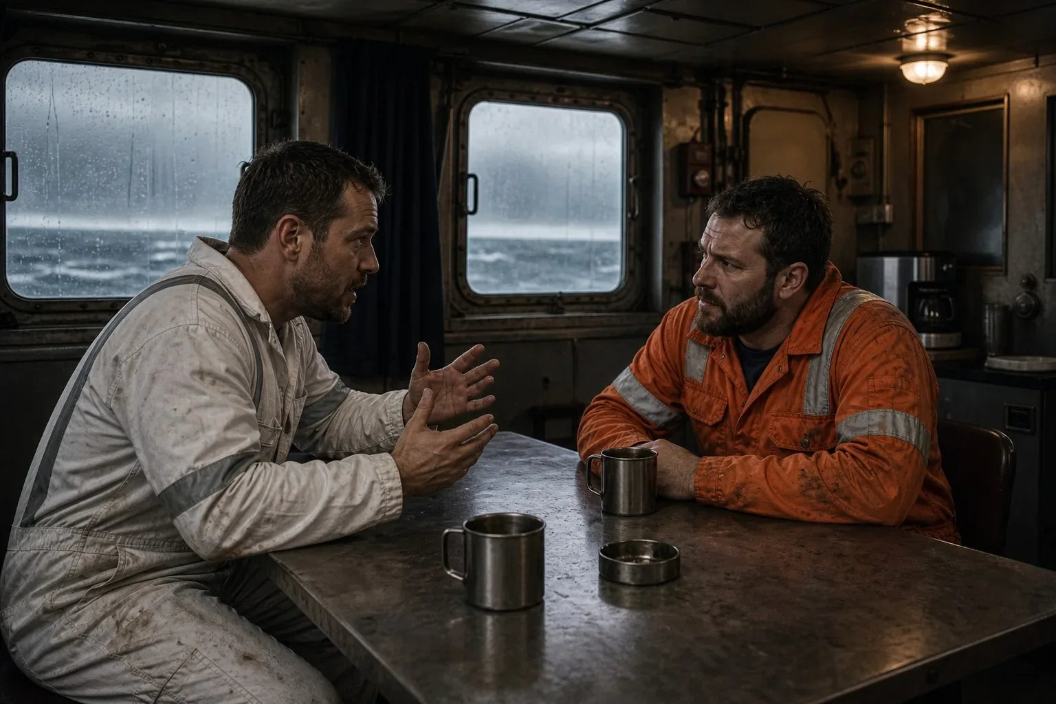 Deck officer and marine engineer arguing over coffee in a ship mess room during a long contract