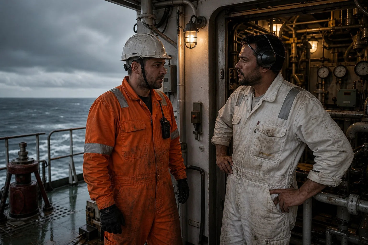 Deck officer and marine engineer standing between bridge work and engine room machinery on a merchant vessel