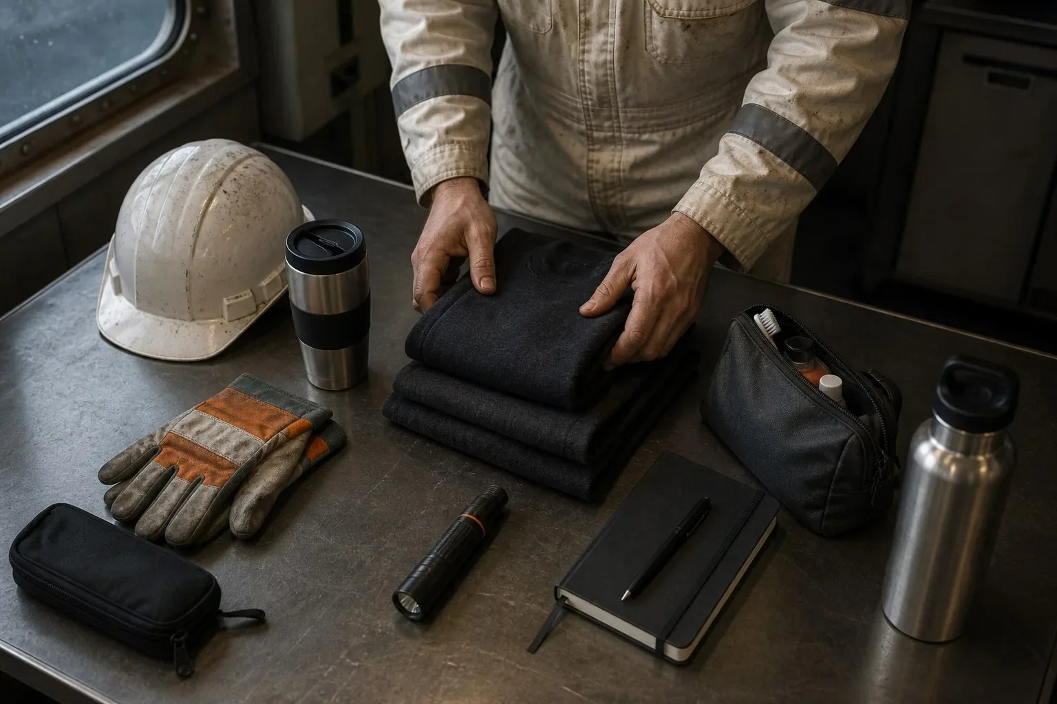 Practical seafarer gifts arranged by ship department on a mess room table during a contract