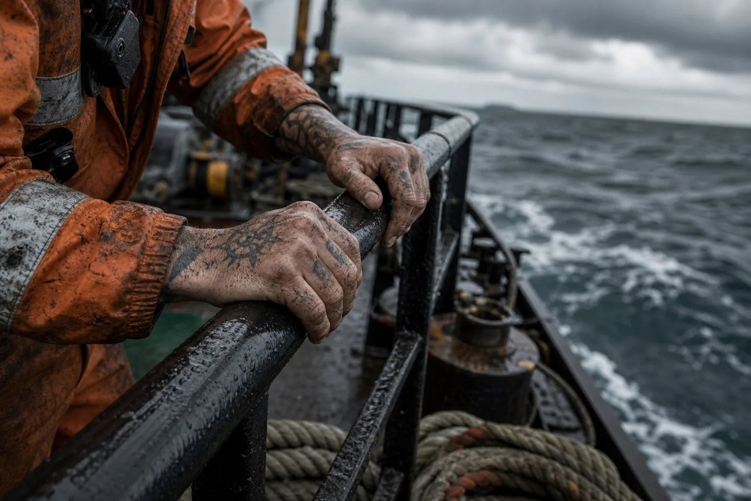 Weathered seafarer hands gripping a wet rail with traditional maritime tattoos visible on deck