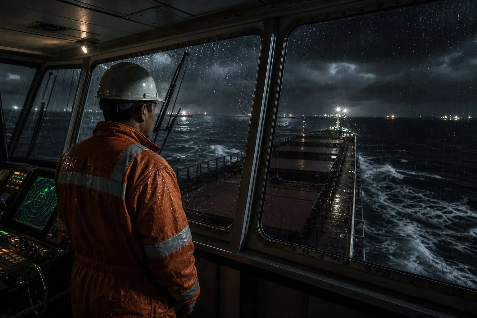 Night watch on a working ship bridge with rough weather outside and old maritime superstition in the air