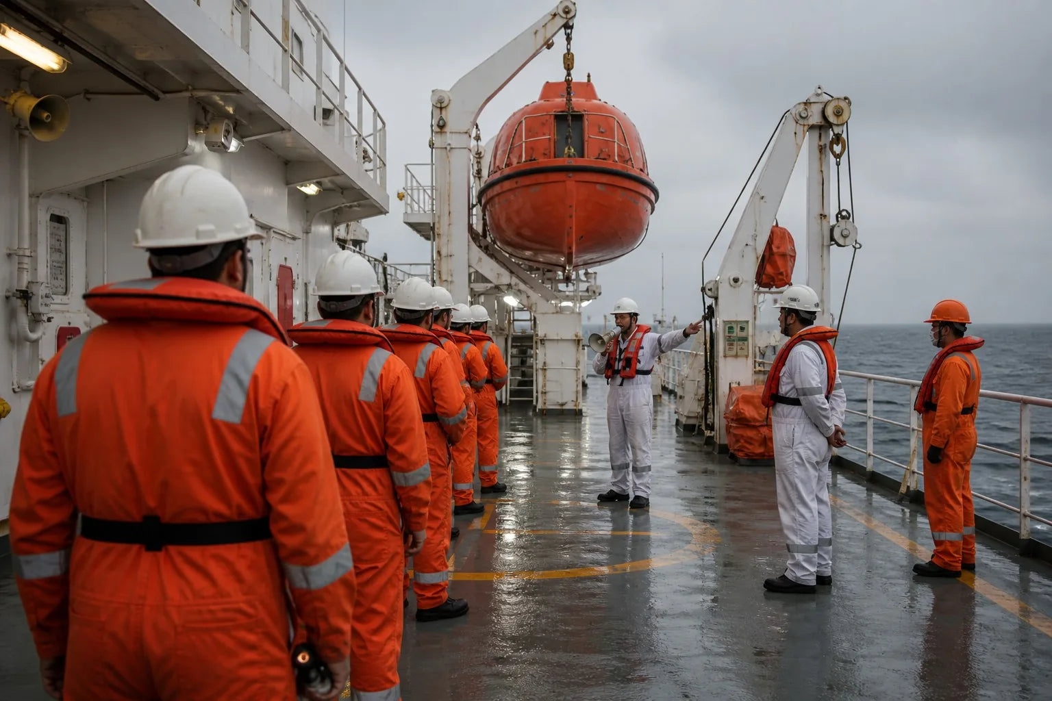 Crew at a muster station during a SOLAS safety drill with lifeboat and emergency gear visible