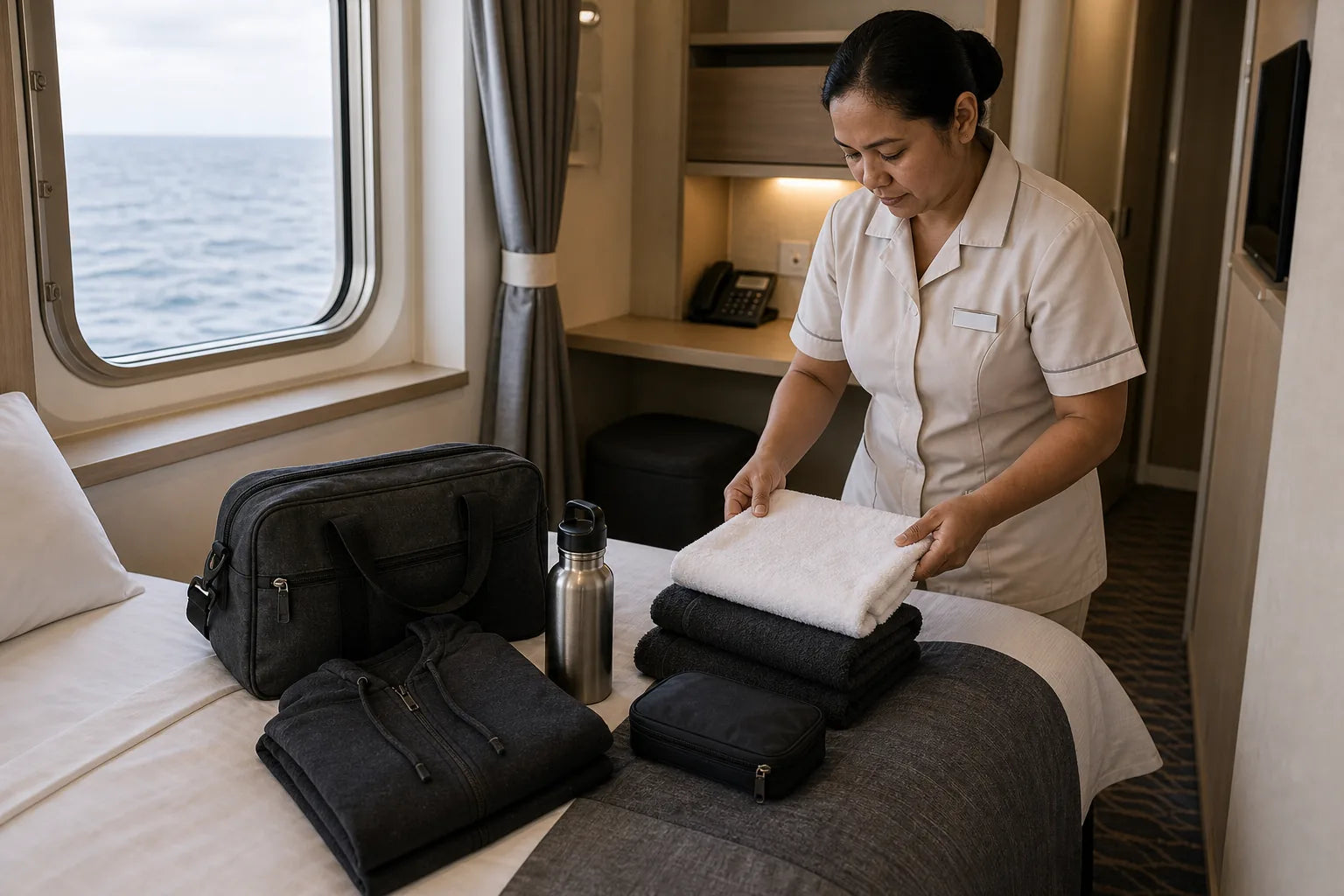 Cruise cabin steward in a light housekeeping uniform near neatly packed essentials in a guest cabin