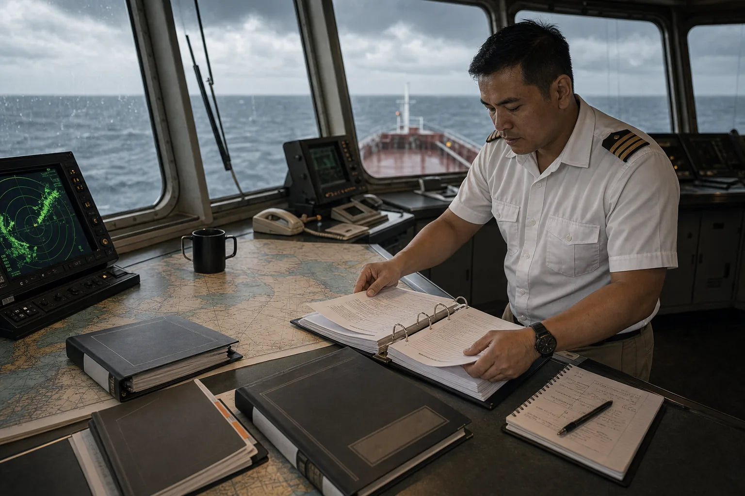 Ship officer reviewing maritime rule documents on a bridge console with engine and safety notes nearby