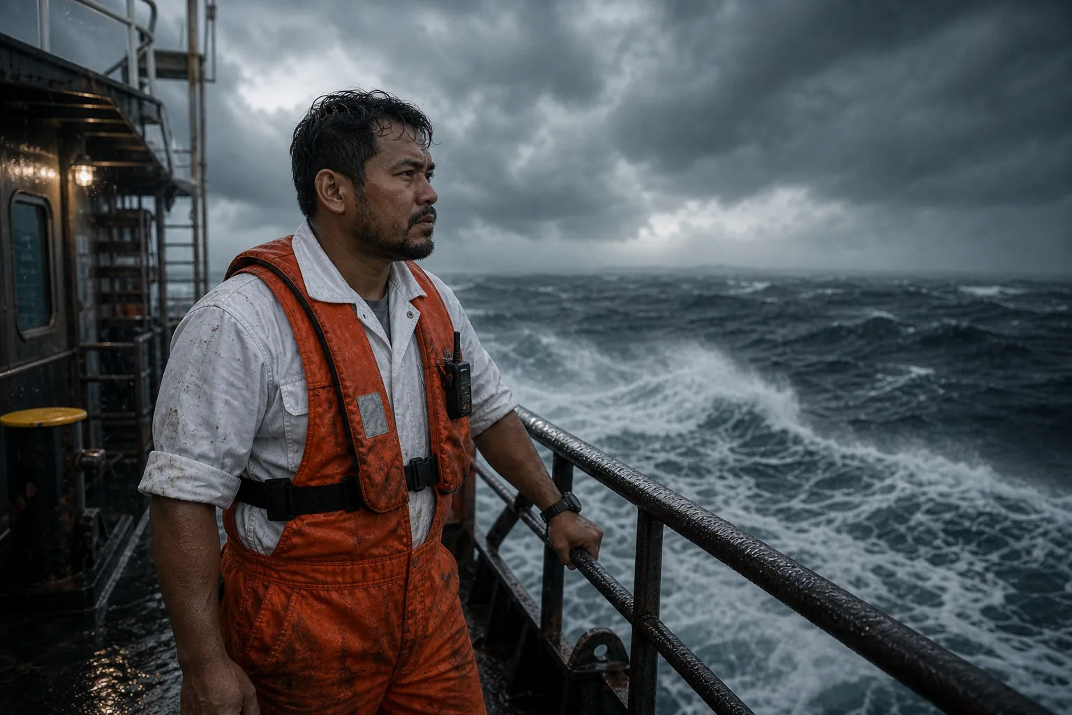 Seafarer in orange PPE on a stormy working vessel deck for a faith-at-sea article inspired by Matthew 8