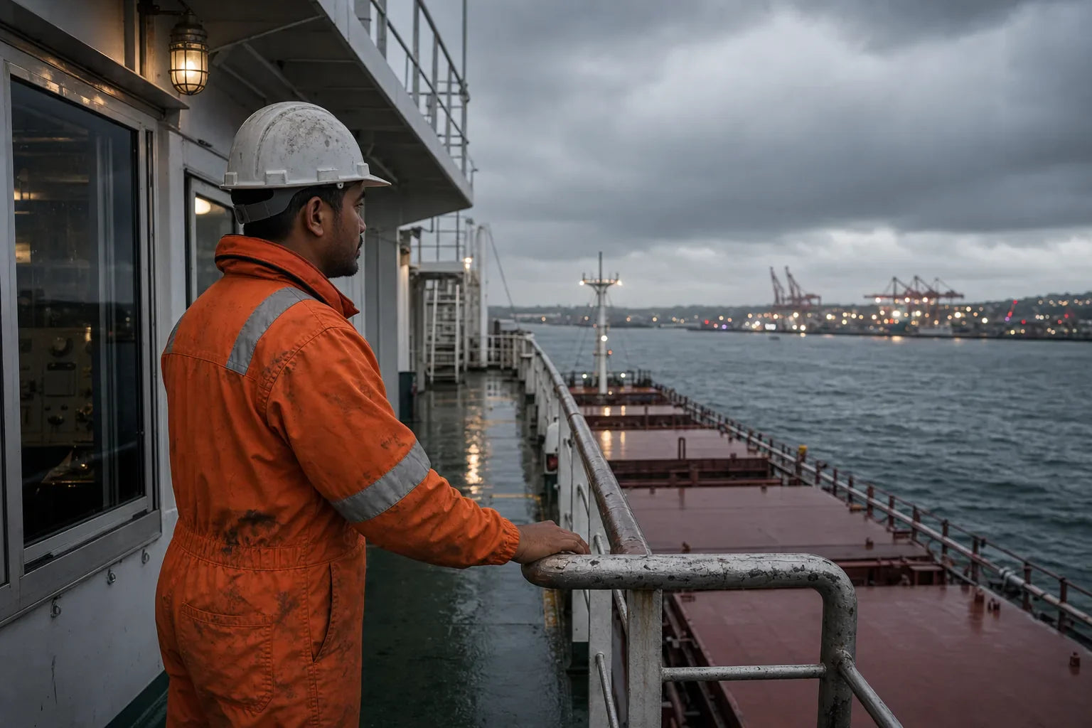 Seafarer after watch looking over a wet working deck, shaped by discipline and life at sea