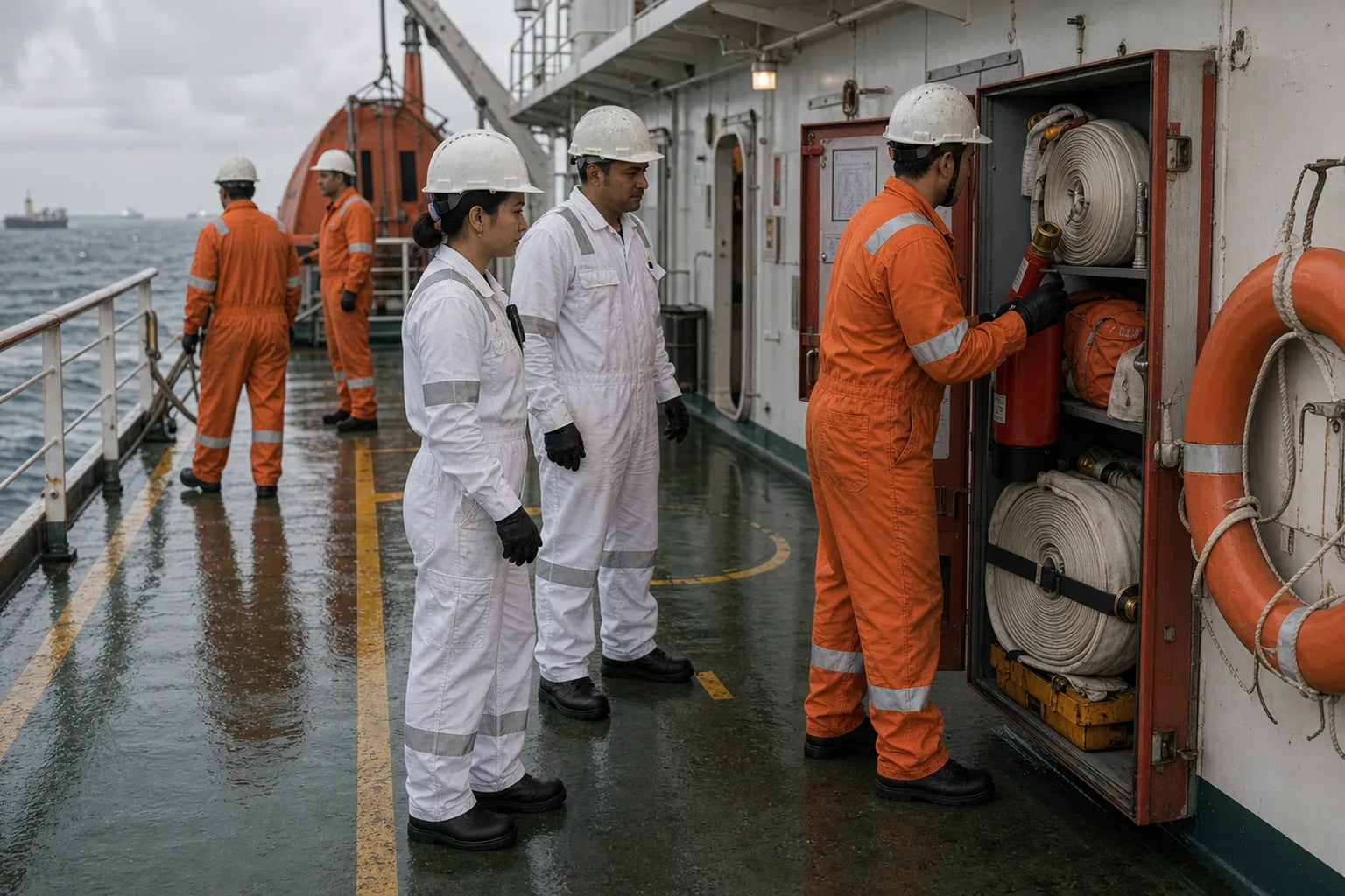 Crew in orange and white PPE checking emergency gear on a wet working vessel deck during a safety drill