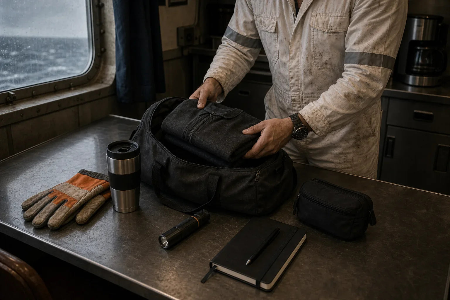 Practical contract-life gifts for seafarers arranged on a mess room table with orange and white workwear nearby