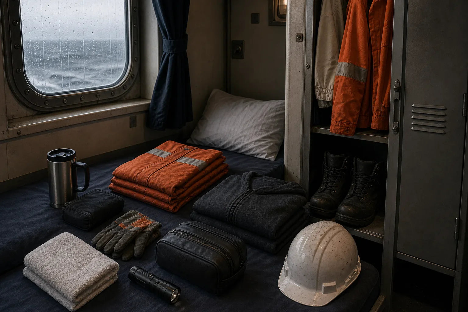 Seafarer utility gear in a small cabin shaped by weather, watches, shore leave, and working ship life