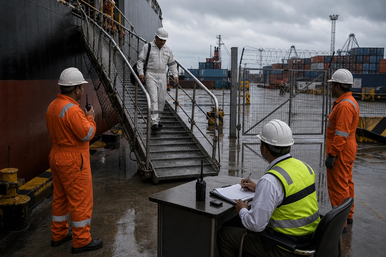 Ship security watch at a wet gangway with port fence, access control, and ISPS awareness