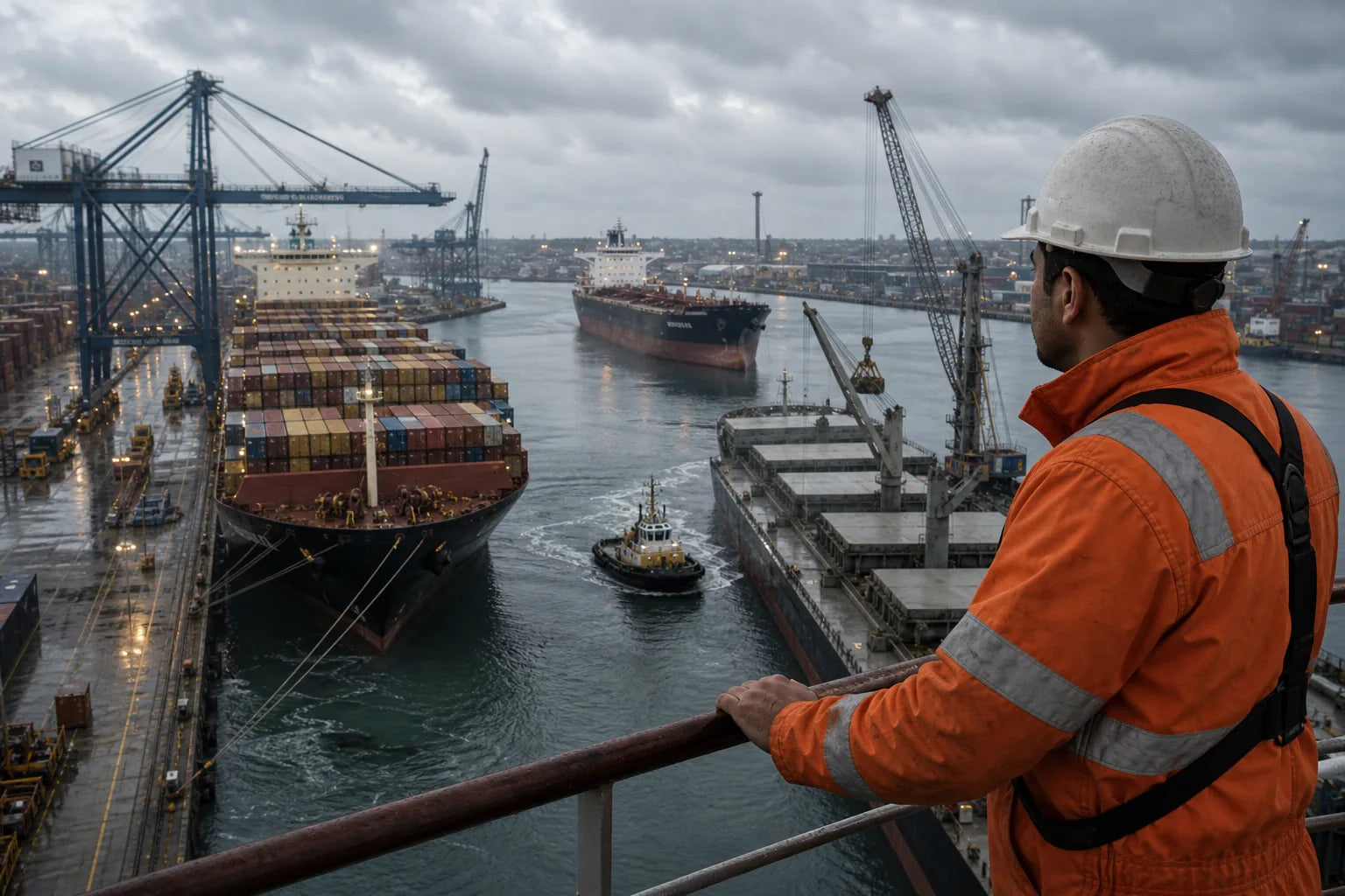 Container ship, tanker, bulk carrier, and tug activity seen from a working port with crew in PPE