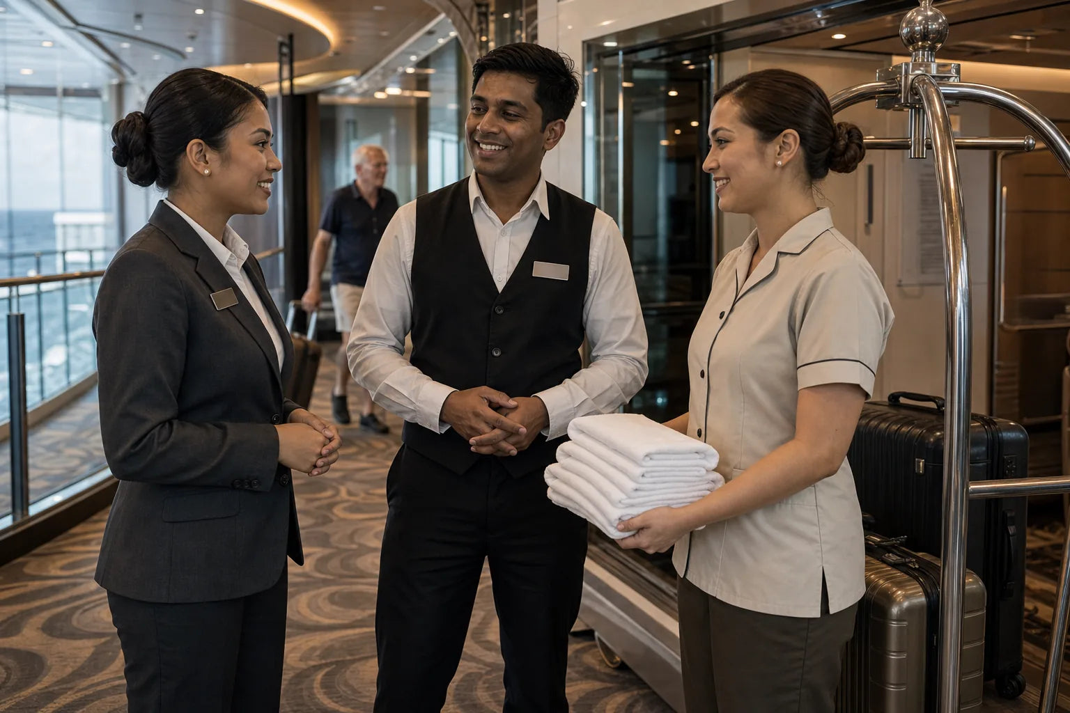 Cruise crew in guest services, food and beverage, and housekeeping uniforms working behind a voyage
